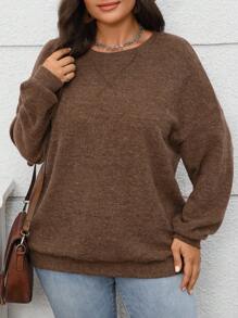 Plus Size Solid Color Casual Pullover Sweatshirt, Autumn/Winter - Coffee Brown - View 6