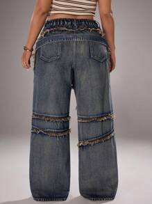 Jeanoix 大码女式纽扣设计磨边阔腿宽松休闲牛仔裤