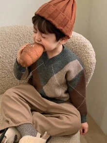 DAZY Toddler Boys' Rhombus Pattern Contrast Color V-Neck Casual Knit Sweater, Spring/Autumn