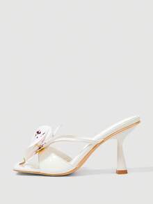 SheIn MOD Sandalias de tacón alto con puntera cuadrada y estampado floral para uso diario - Blanco - Ver 5