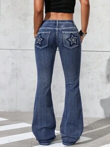 Jeanoix 女式星星刺绣水钻装饰低腰弹力紧身水洗喇叭牛仔裤 - 中等水洗藍 - 查看 2