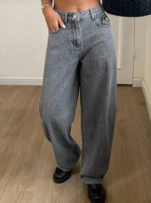 DAZY 女式直筒休闲宽松牛仔裤，带口袋，条纹图案，百搭 - 灰色 - 查看 3