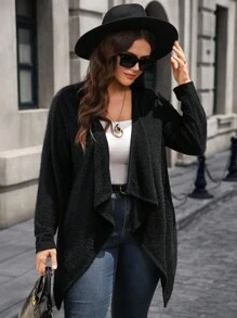 EMERY ROSE Plus Size Women's Solid Color Long Sleeve Open Front Casual Loose Coat,Soft Drape Duster Cardigan For Stylish Everyday Wear,Black,Winter,Casual,Hiking - Black - View 4