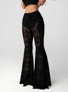 SHEIN ICON Women's Exaggerated Flare Lace Sheer Long Pants,Fall - Black - View 4