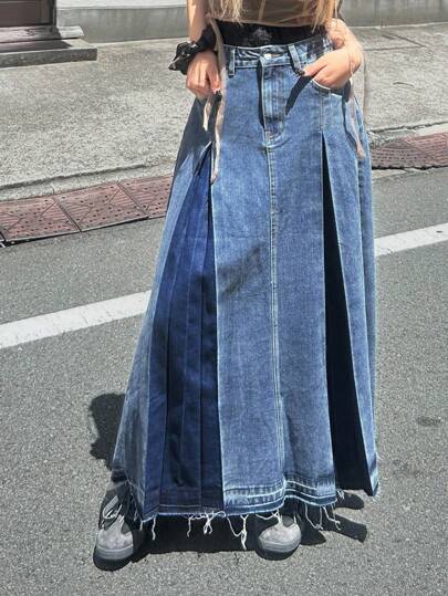 FRIFUL Women's Color Block Pleated Denim Mini Skirt Pleated Denim Skirt Denim Maxi Skirt Long Denim Skirt Paneled Denim Skirt Two Tone Denim Skirt