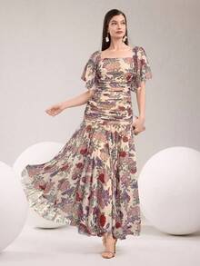 Modelyn Women's Floral Print Square Neck Ruffle Short Sleeve Dress - Apricot - View 5