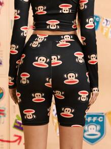 Paul Frank X SHEIN Women's High Waist Cartoon Monkey Print Cycling Shorts - Black - View 3