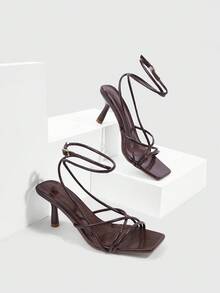 CUCCOO SZL Square Toe Low Heel Minimalist Brown PU Strap Women's High Heel Sandals For Christmas Spring Shoes - Brown - View 2