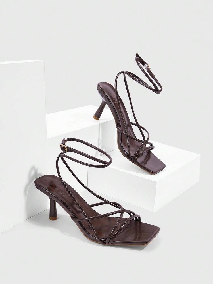 CUCCOO SZL Square Toe Low Heel Minimalist Brown PU Strap Women's High Heel Sandals For Christmas Spring Shoes Prom Heels