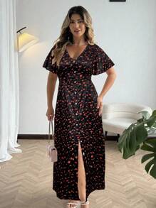 Flirla Đầm thời trang tay ngắn xếp nếp cổ chữ V họa tiết hoa nhỏ xinh dành cho nữ cỡ lớn - màu đen - Xem 3