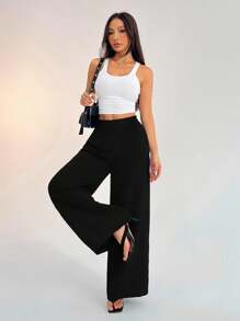SHEIN PETITE Women's Casual Vacation Waistband Blue Wide Leg Pants - Black - View 4