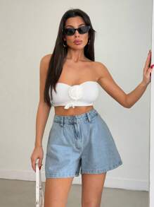 EURMUSE 女士口袋设计褶皱宽松休闲牛仔短裤