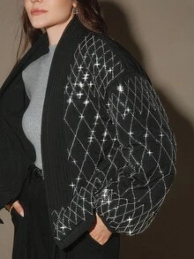 Anewsta Abrigo corto acolchado negro elegante para mujer con un exquisito ribete bordado con cuentas, adecuado para otoño, invierno, salir, formal, fiesta, elegante, Año Nuevo, Navidad, trabajo, graduación