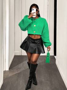 BamGleam Damen Rundhals Einreiher Drop-Shoulder Langarm Lässige Lose Strickjacke - Grün - Übersicht 5