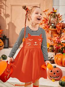 SHEIN 适合年轻女孩参加万圣节派对的时尚可爱女童秋冬连衣裙 - 黑色 - 查看 1