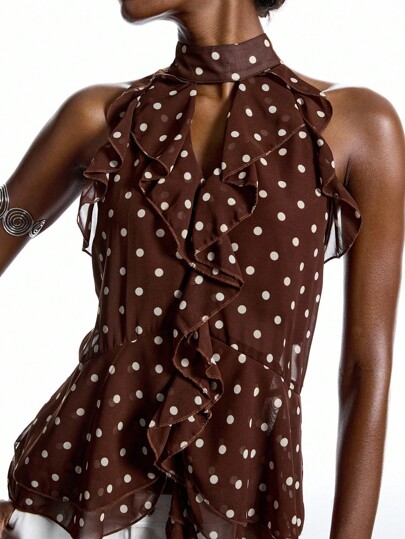 LYSMO 2025 New Arrive Minimalism Fall Women's Fashionable Polka Dot Print Ruffle Halter Top Flowy Top For Teachers, Airport And Travel For Women, Back To School, Homecoming, 2000s Style, Y2K Clothes Women, Streetwear Korean Style Brown Polka Dot Top Ruffle Top Women Brown Top Polka Dot Blouse Scarf Top