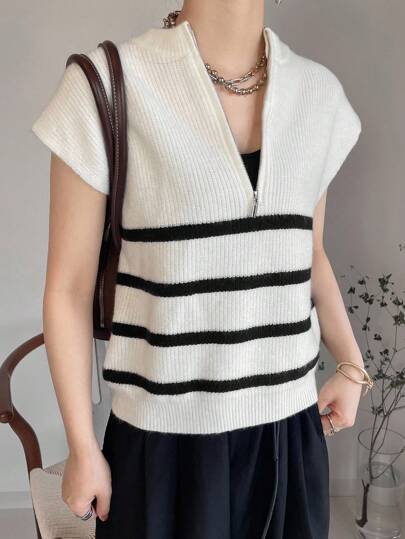 FRIFUL 女士条纹拉链半开襟短袖宽松针织衫 女士针织上衣 夏季针织上衣 条纹针织上衣 短袖毛衣背心 拉链针织上衣