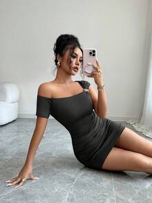 INAWLY Women's Elegant Sexy Asymmetrical Neck Metal Buckle Ruched Mini Dress, Suitable For Vacation, Date, And Commute - Black - View 9