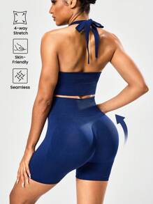 SHEIN Sports 女式纯色短款露背背心和短裤运动套装女士健身套装 - 藏蓝色 - 查看 4