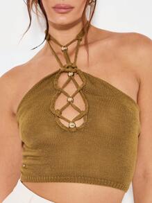 KIZN Top corto de punto metálico con cuello halter, detalles trenzados y cuentas doradas, diseño elegante sin mangas para uso en fiestas, eventos de verano y ocasiones especiales - Verde - Ver 4