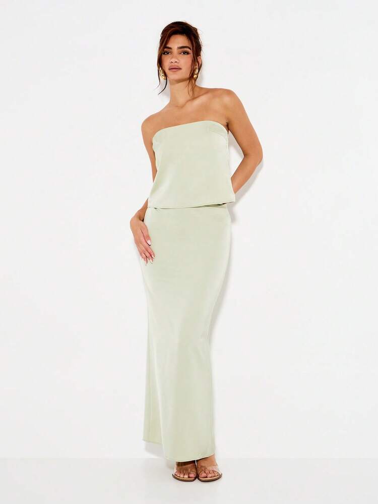 KIZN Conjunto de dos piezas de satén verde salvia con top bandeau corto y falda larga elegante para fiesta, boda, ocasión formal en primavera y verano