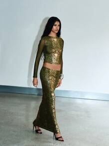 KIZN Áo crop top tay dài lưới họa tiết da rắn cho nữ dự tiệc tối câu lạc bộ thời trang Y2K thu đông họa tiết động vật ánh kim co giãn ôm sát ban đêm - màu xanh lá - Xem 4