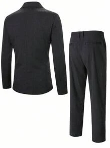 Manfinity Bizformal 男士纯色翻领长袖夹克和裤子休闲西装套装，时尚 - 黑色 - 查看 2