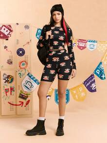 Paul Frank X SHEIN Women's High Waist Cartoon Monkey Print Cycling Shorts - Black - View 6