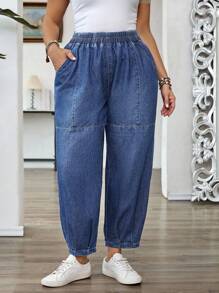 EMERY ROSE Plus Size Women Elastic Waist Pockets Tapered Casual Jeans,Fall Clothes For Women - Medium Wash - View 5