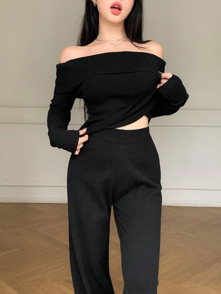 Women's Solid Color Off-Shoulder Long Sleeve Sweater And Knitted Pants Casual 2-Piece Set
