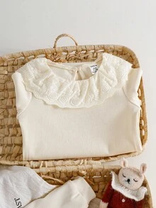 SHEIN Baby Girls' Minimalist Embroidered Lace Trim Knit Bodysuit - Apricot - View 6