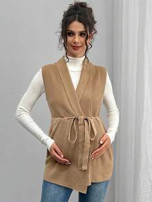 SHEIN Áo khoác len cardigan dệt kim không tay cổ rút dây buộc màu trơn cho bà bầu - màu nâu - Xem 3