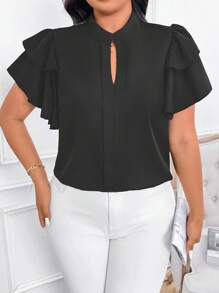 EMERY ROSE Plus Size Elegant Commuter Solid Color Ruffle Hem Blouse, Summer - Dark Grey - View 4