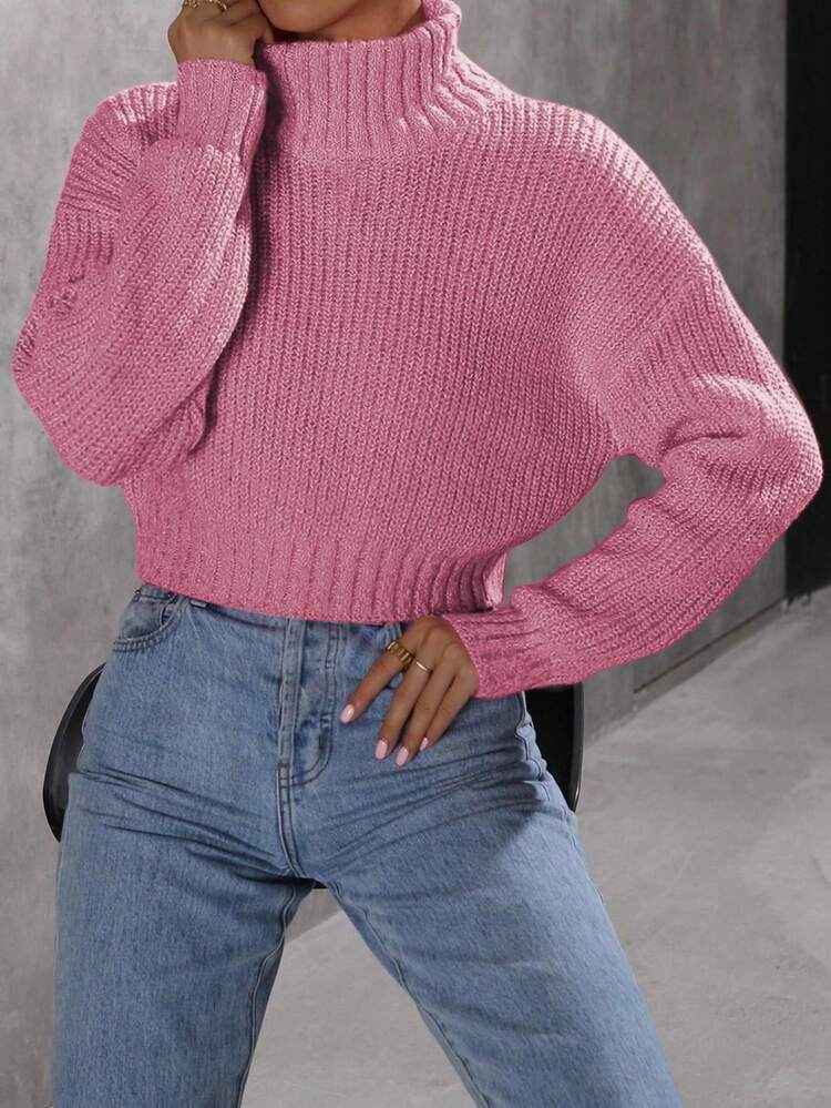 Women's Pink High Neck Dropped Shoulder Long Sleeve Loose Casual Sweater Knit Pullover Fall Winter