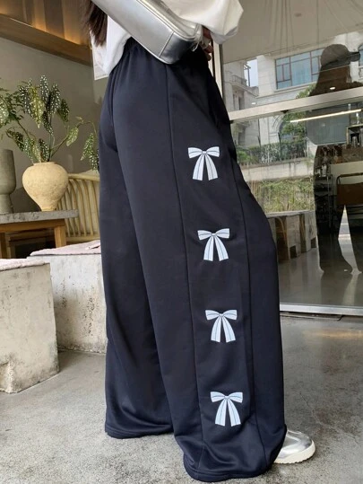 DAZY 女式宽松束腰下摆蝴蝶刺绣装饰休闲街头风运动裤