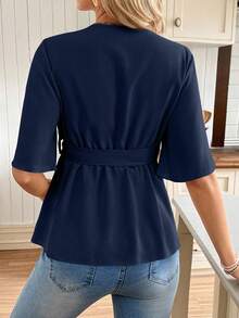 SHEIN V领荷叶边孕妇上衣（配腰带） - 藏蓝色 - 查看 2