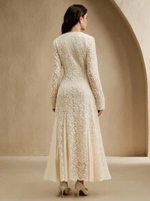 Anewsta Đầm midi cổ chữ V, viền đuôi cá, eo cao, tay dài cho nữ - Màu be - Xem 2