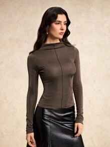 House of One Glittery Knit Draped Neck Long Sleeves Fitted Top Women Casual Autumn Winter