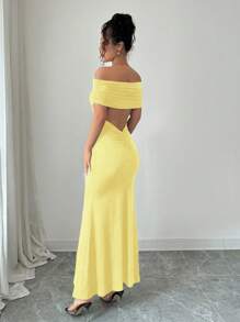 Rafferiza New Off Shoulder Backless Maxi Dress, Fitted Mermaid Silhouette Summer Dress Clothes For University - Yellow - View 3