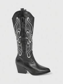 ROMWE Fairycore 2025 Herbst/Winter Neue Spitze Zehen Plateau Absatz Stiefel mit Stickerei Details, Outdoor Mode Leder Overknee Stiefel