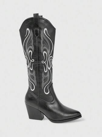 Fairycore 2025 Autumn/Winter New Pointed Toe Chunky Heel Embroidery Detail Western Boots, Outdoor Fashion Leather Over-The-Knee Boots