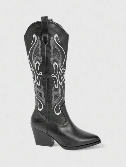 Fairycore 2025 Autumn/Winter New Pointed Toe Chunky Heel Embroidery Detail Western Boots, Outdoor Fashion Leather Over-The-Knee Boots