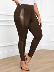 Miaspire Plus Size Women's PU Leather Splice Leggings, Fall - Brown - View 5