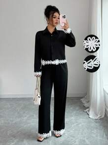 Elenzga 2pcs Women's Collared Floral Lace Patchwork Shirt And Pants Set - Black - View 3