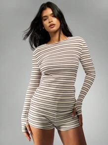 MISSGUIDED 罗纹针织条纹长袖短款上衣和高腰短裤两件套休闲秋冬家居服 - 黑色 - 查看 6