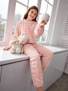 SHEIN 3 件套青少年女孩法兰绒睡衣，舒适浅粉色心形印花蓬松裤和宽松长袖休闲家居服套装，母子装（单独出售）返校时尚柔软睡衣套装粉色睡衣套装 - 淺粉色 - 查看 7