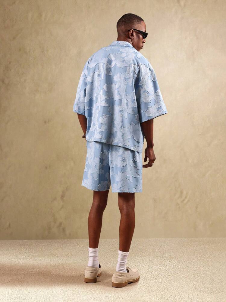 Floral Jacquard Shirt And Shorts With Cuban Collar