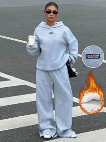 SHEIN EZwear 休闲宽松连帽衫和运动裤字母印花街头风格套装，加大码，秋冬 - 灰色 - 查看 1