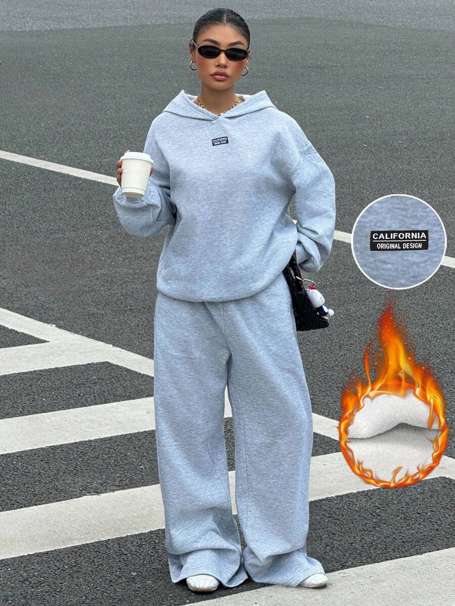 SHEIN EZwear 休闲宽松连帽衫和运动裤字母印花街头风格套装，加大码，秋冬 - 灰色 - 查看 1