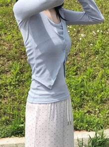 DAZY 2pcs Knitted Cover Up With Spaghetti Strap Shawl Collar Lightweight Cover Up Set For Women - Blue - View 6